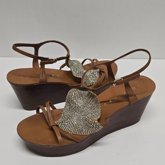 Lola Cruz Tan Leather Crystal Embellished Mesh T-Strap Wedged Sandals Women's 7 - Picture 2 of 9